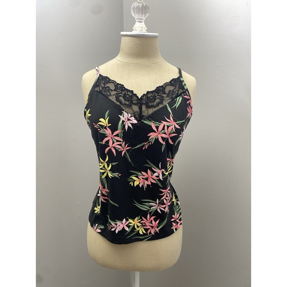 Joyspun Womens Y2K Lace Trim Cami Sz Medium 90s Stretch Aloha Floral Dainty Bias